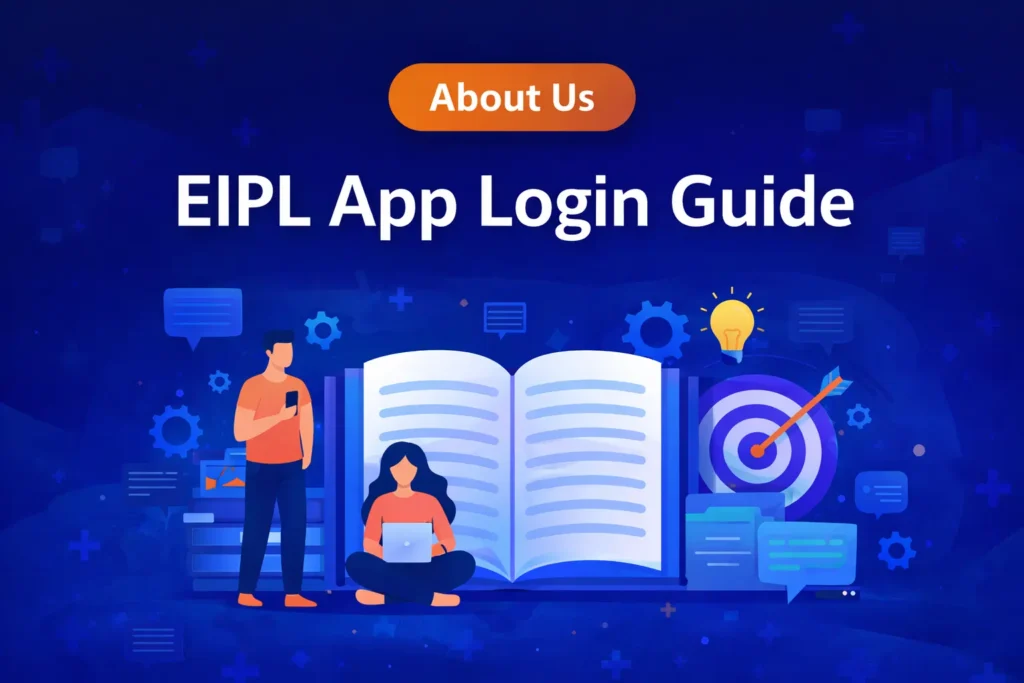 About Us EIPL App Login Guide information page banner with users reading guide and digital learning concept